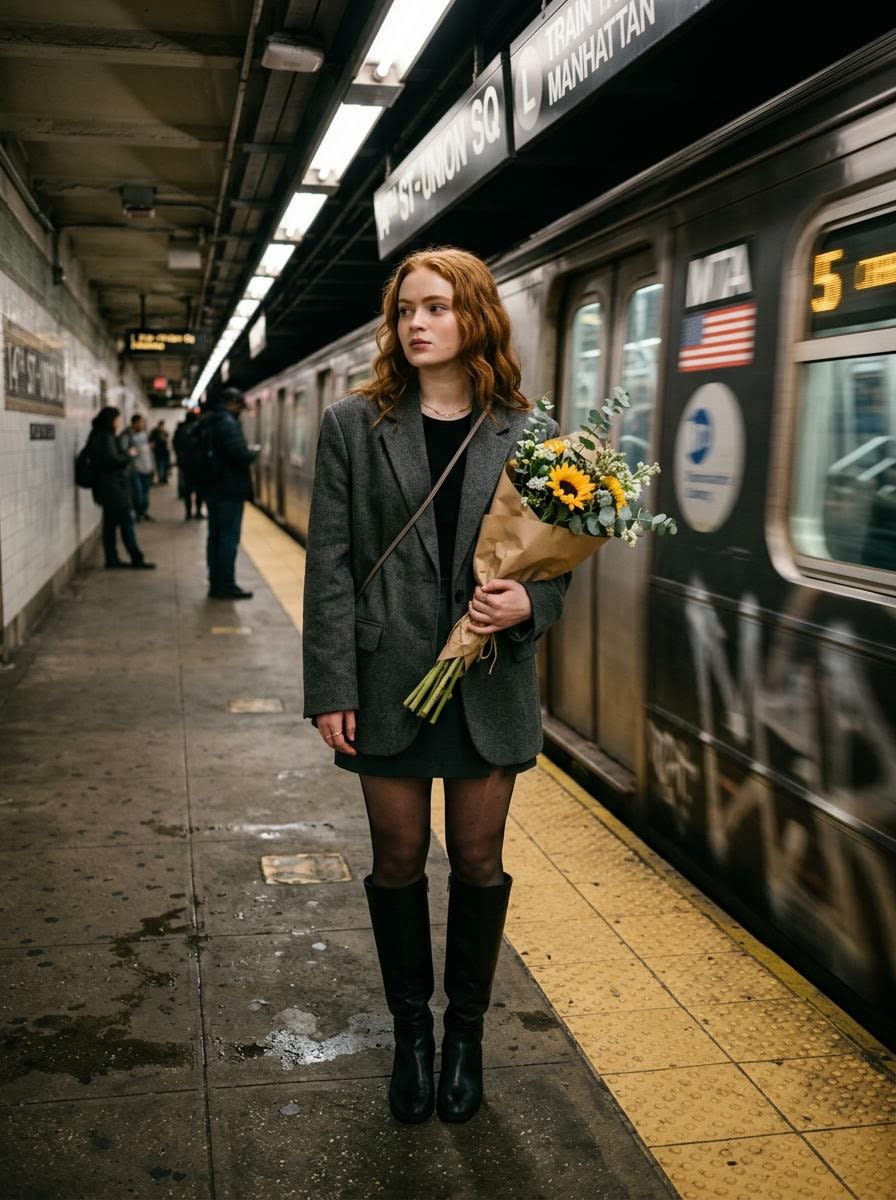 Cinematic photo of a woman on a subway platform with motion blur AI image template preview