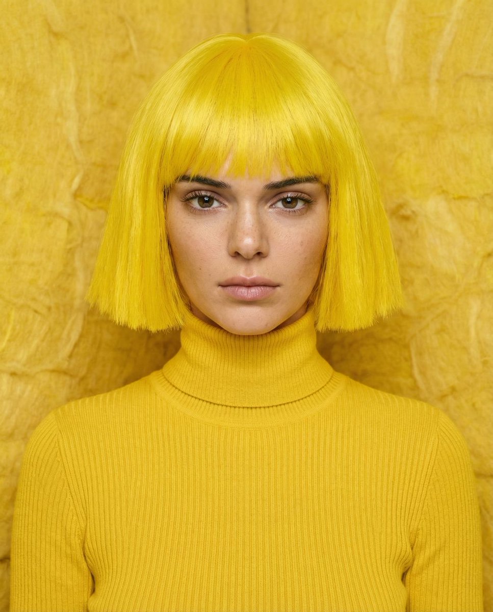 Monochromatic canary yellow portrait of Kendall Jenner in an isolation booth AI image template preview
