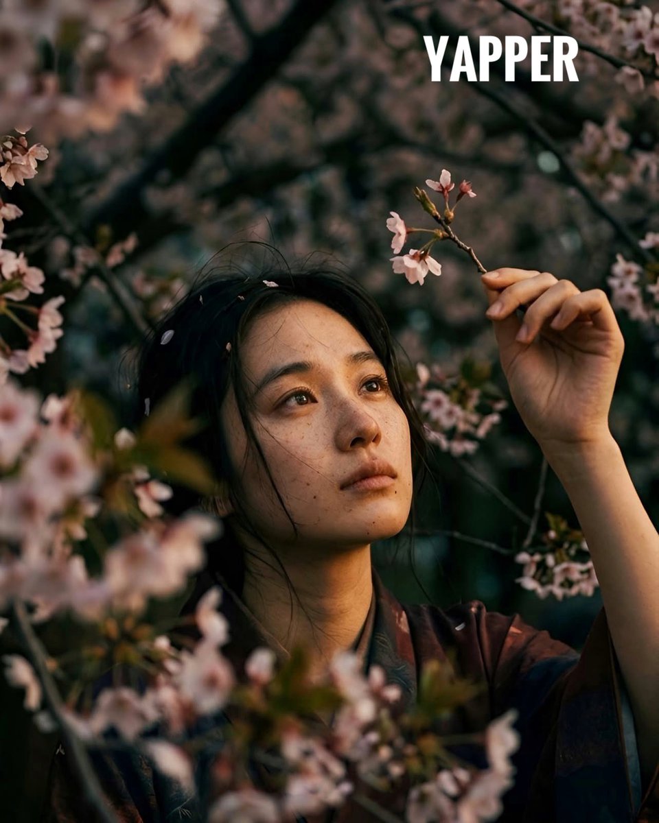 Japanese woman in vintage kimono under cherry blossoms AI image template preview