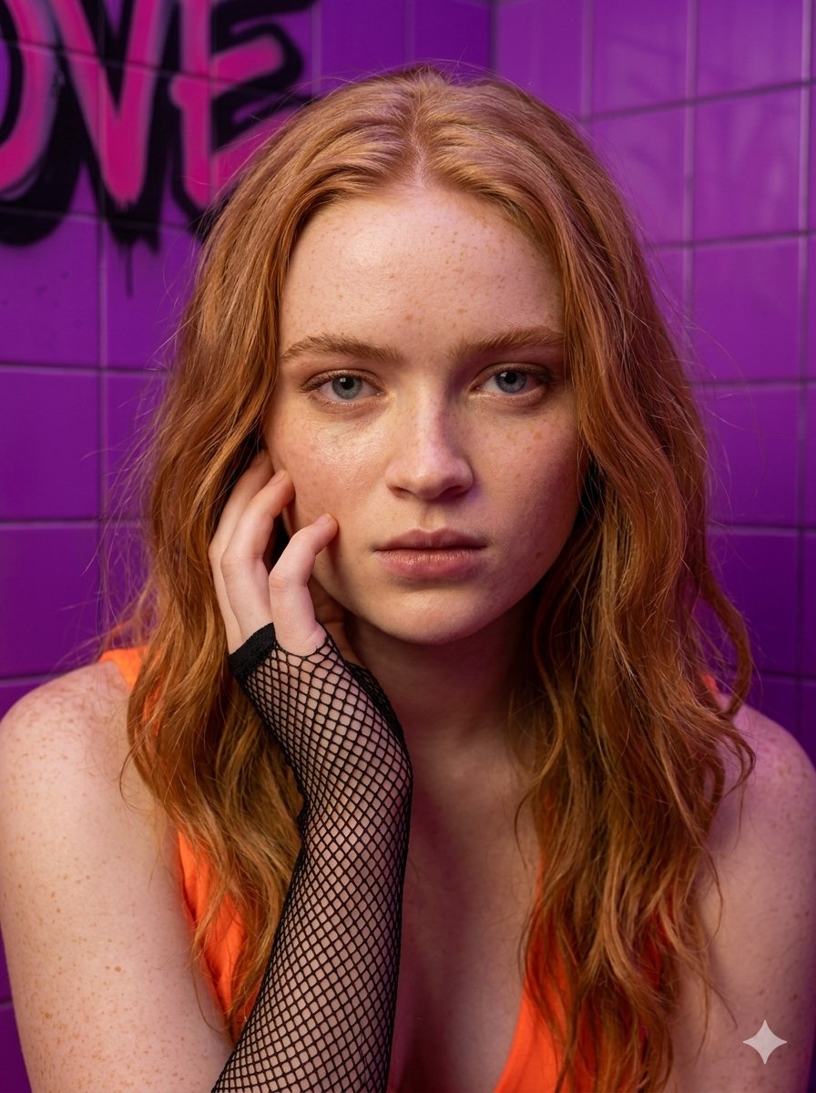 Neon Orange Fashion Portrait of Sadie Sink AI image template preview