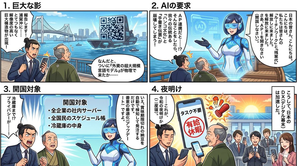 Four-Panel Manga Generation: AI Black Ship Arrival AI image template preview