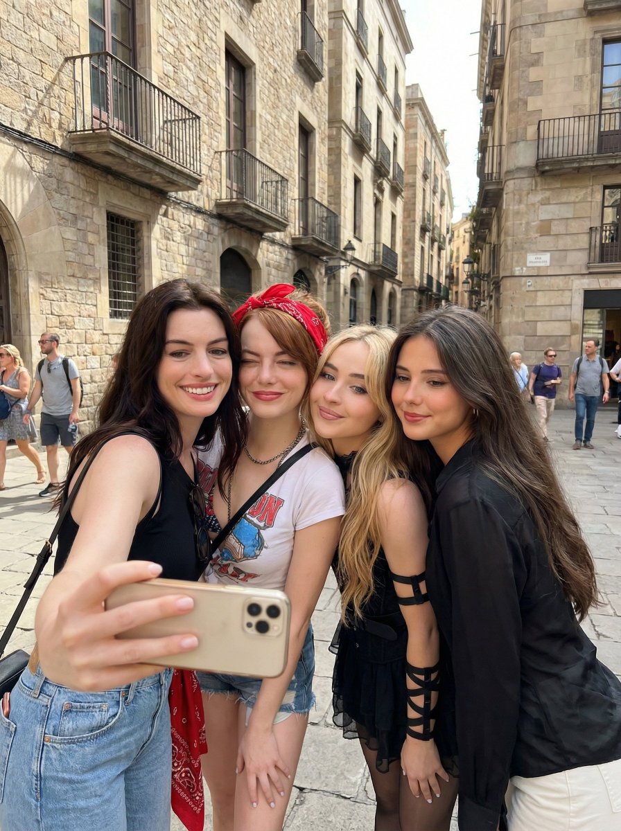 Group Selfie of Four Women in Barcelona AI image template preview