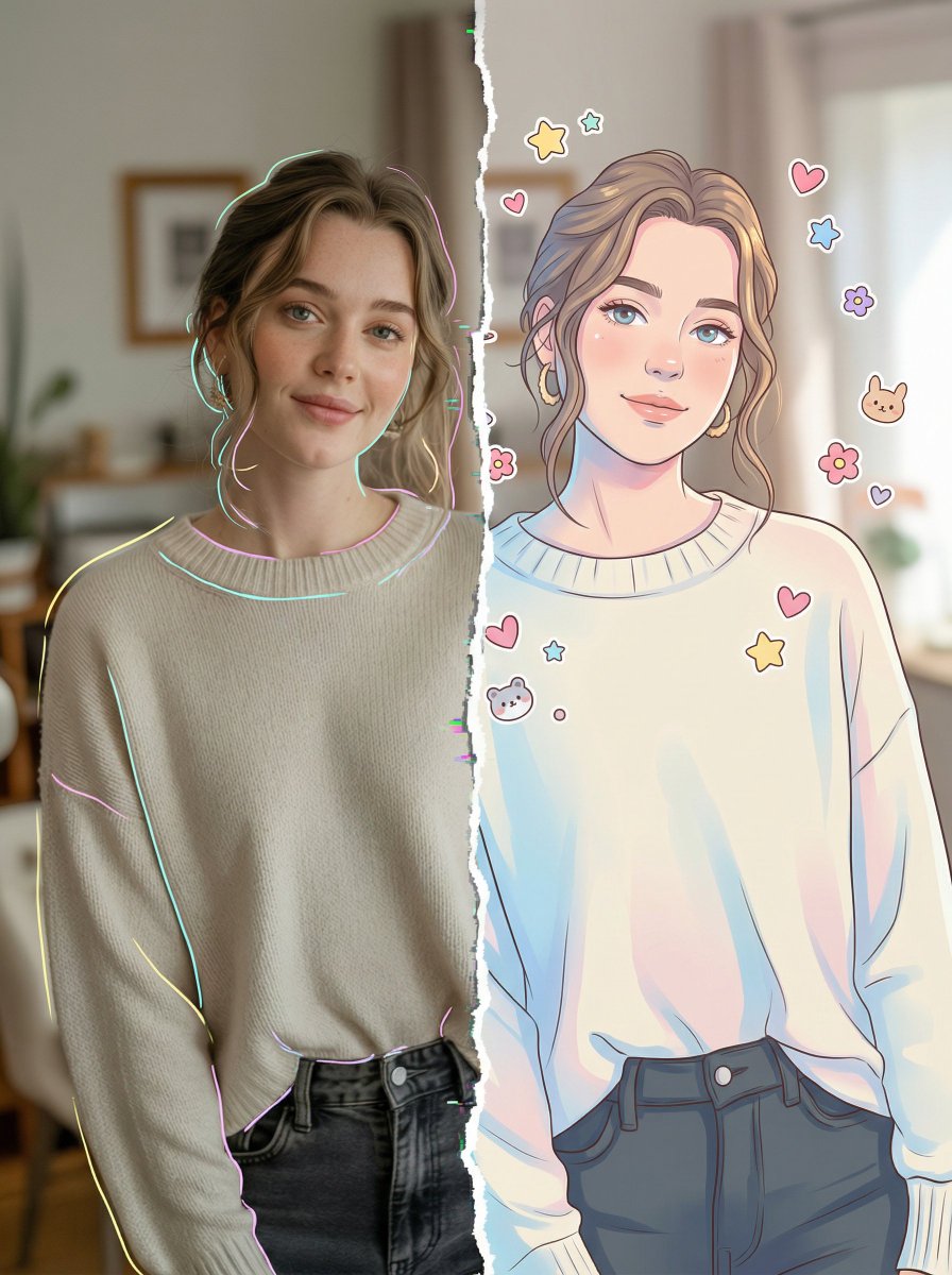 Split-Style Portrait: Photo vs. Digital Illustration AI image template preview