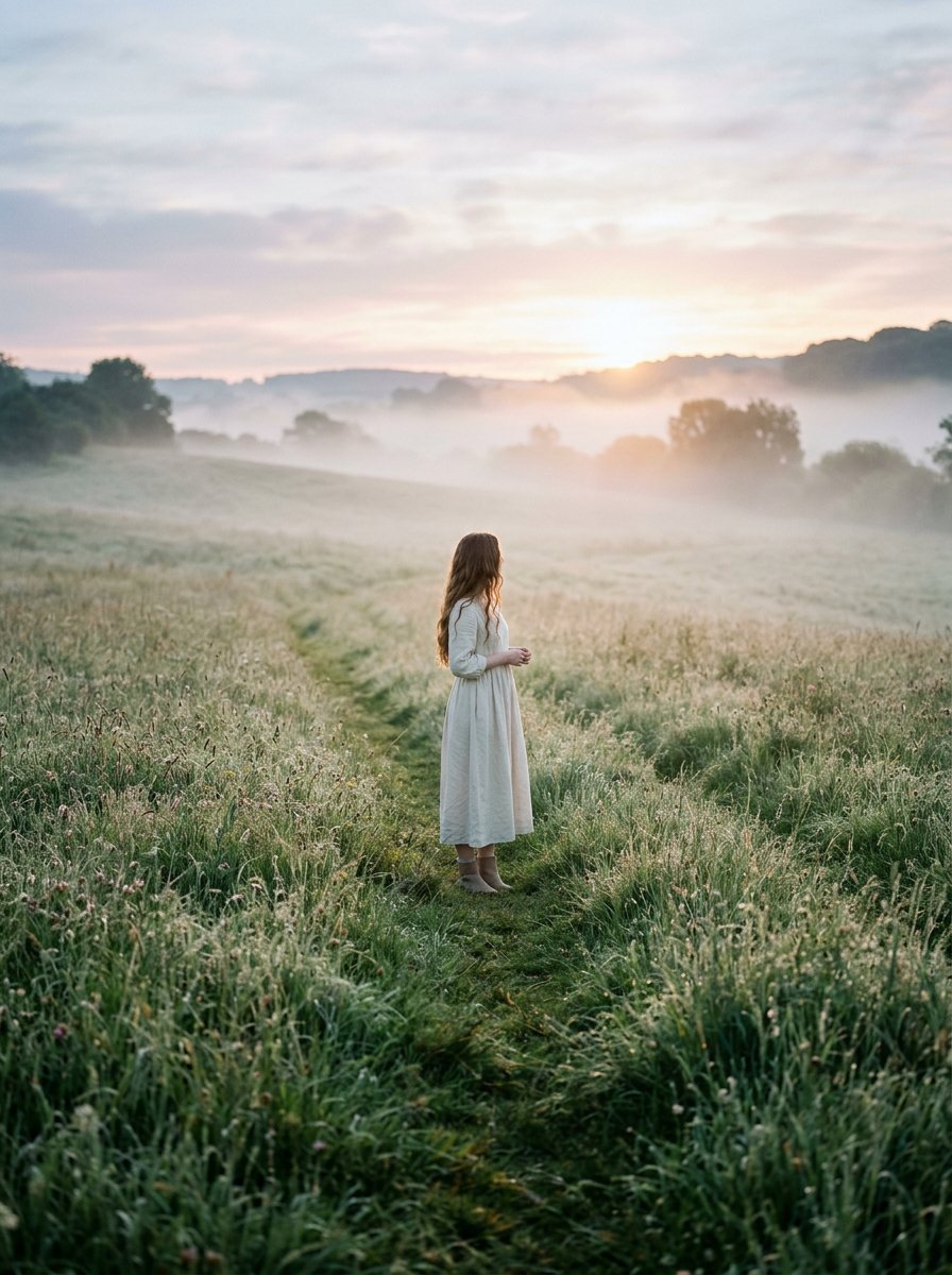 Cinematic Wide Shot of Girl in Dewy Meadow at Sunrise AI image template preview