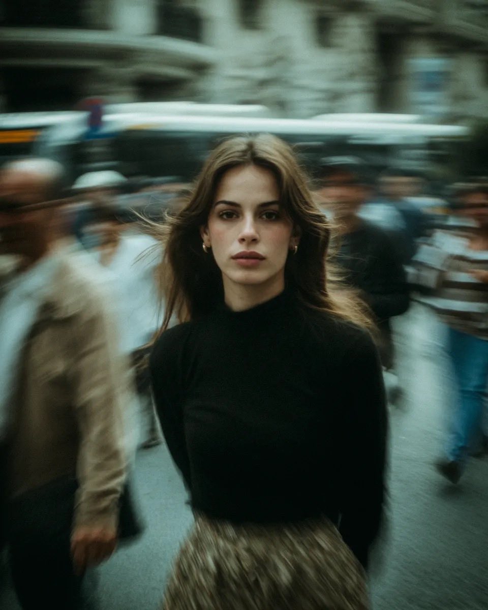 Cinematic Street Portrait with Motion Blur AI image template preview