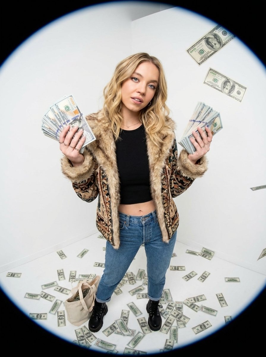 Fisheye portrait with money in a white studio example 2