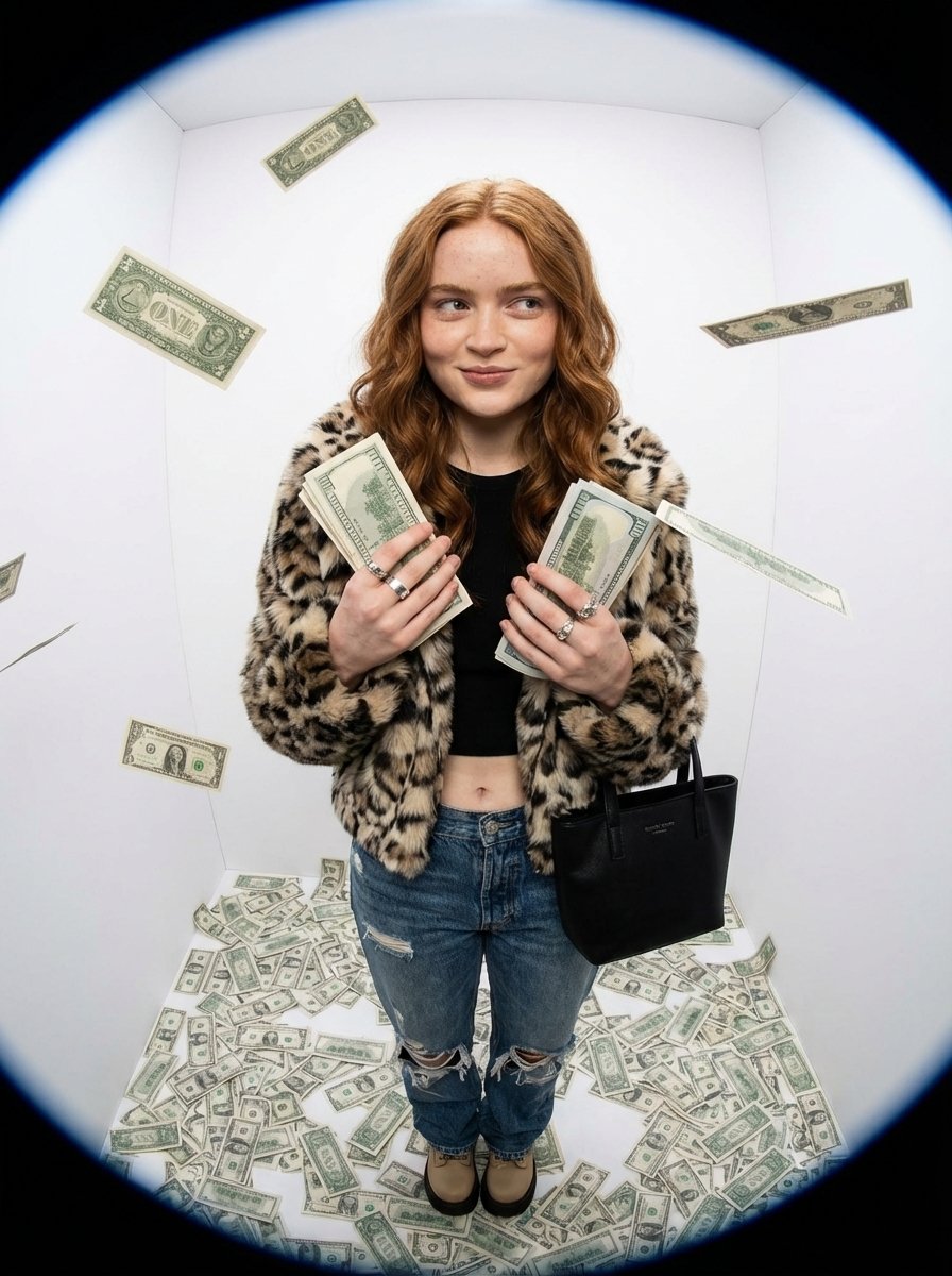 Fisheye portrait with money in a white studio example 3