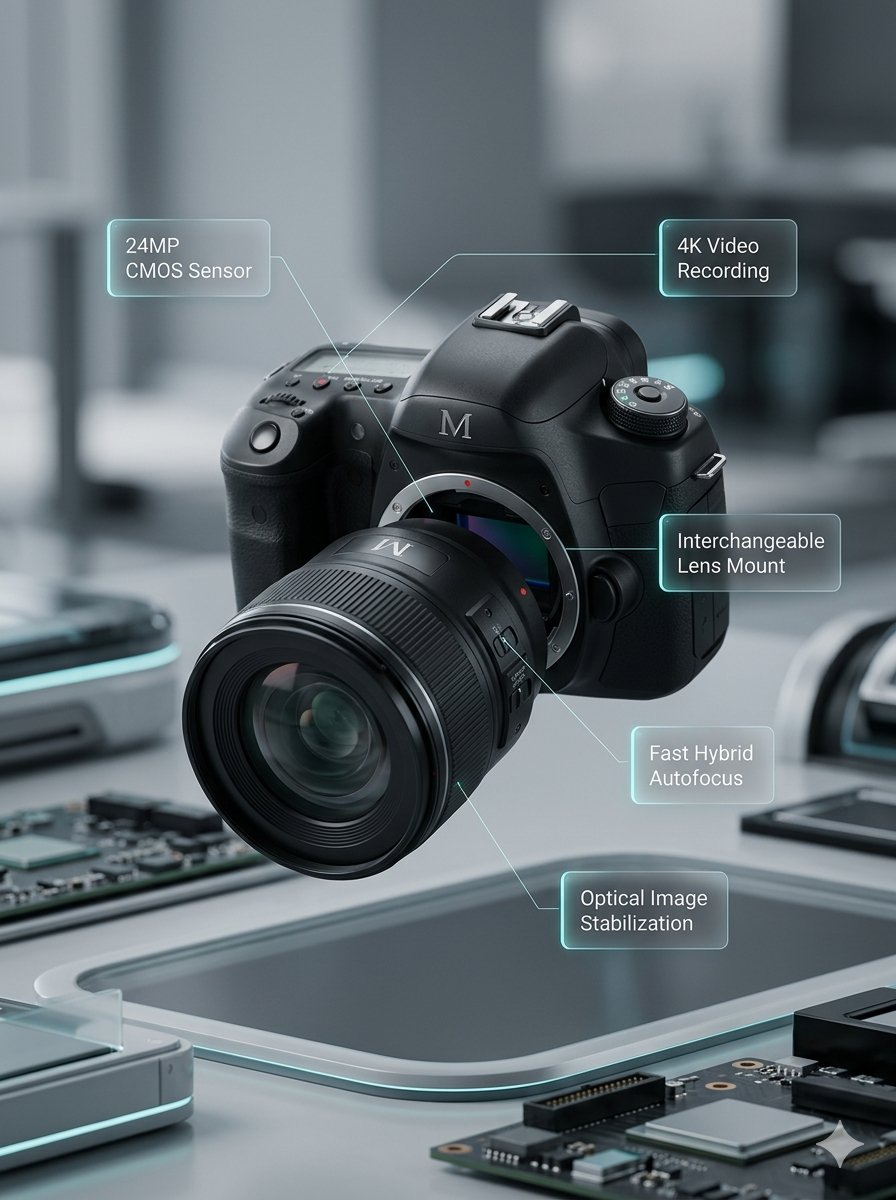 Deconstructed and Assembled M DSLR Camera Visualization AI image template preview