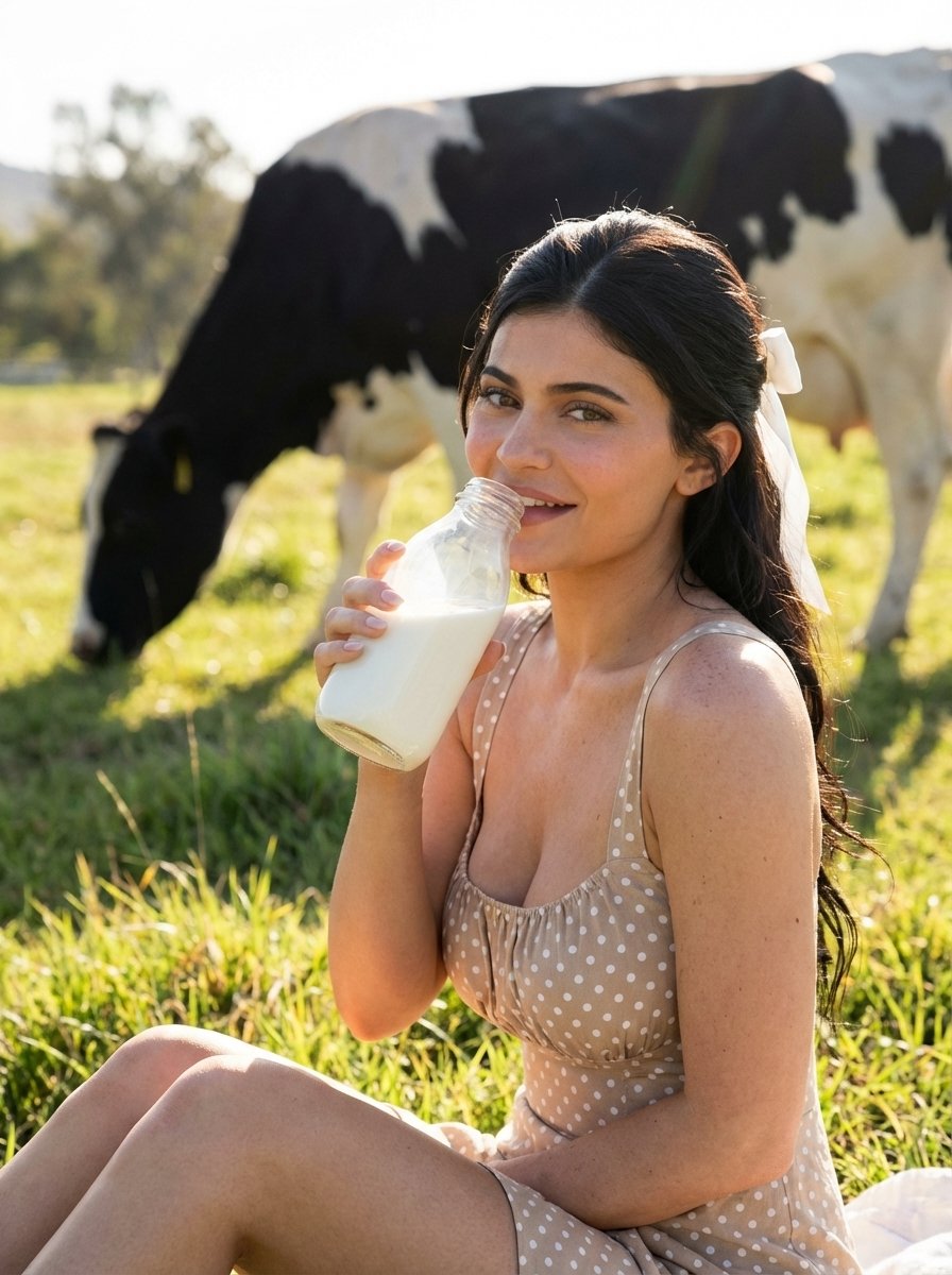 Sunlit Countryside Milk Drinking Portrait AI image template preview