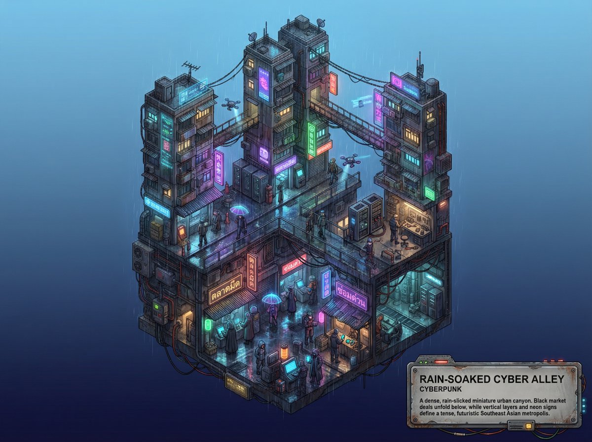 Whimsical Cyberpunk Alley Network AI image template preview