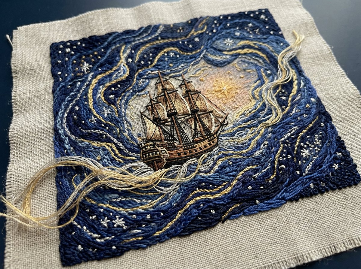 Tactile Embroidered Tapestry of a Ship in Nebulae AI image template preview