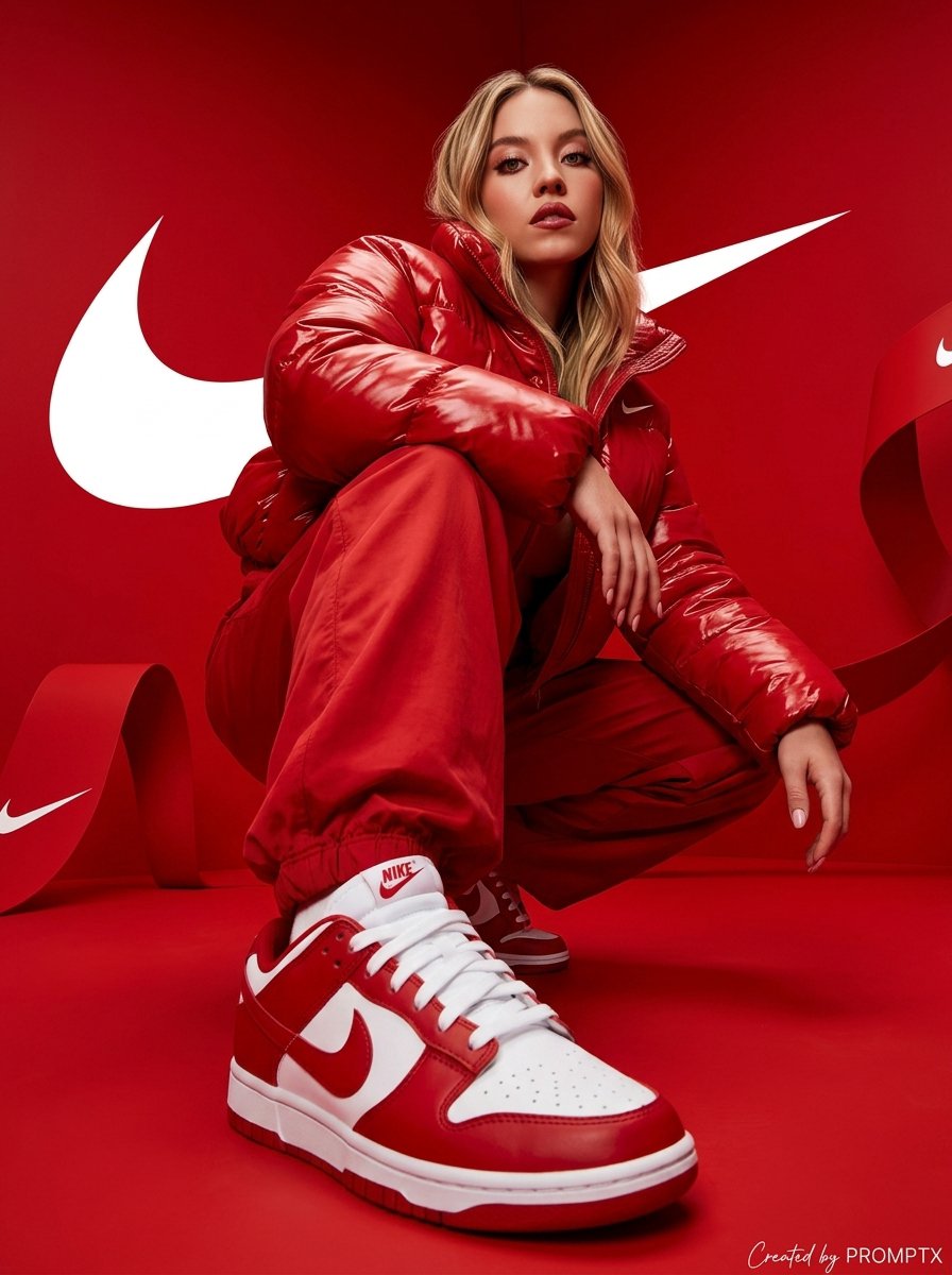 Hyper-Realistic Streetwear Campaign in Red AI image template preview