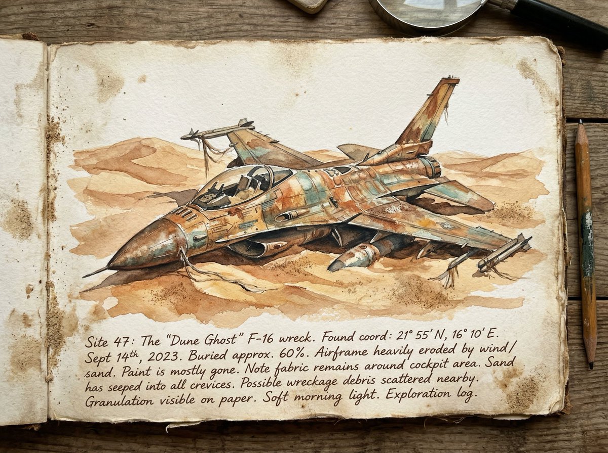 Loose Watercolor of a Half-Buried Fighter Jet in Desert Dunes example 2