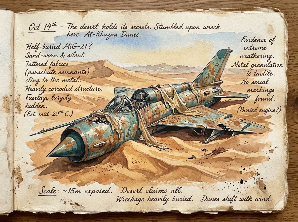 Loose Watercolor of a Half-Buried Fighter Jet in Desert Dunes AI image template preview