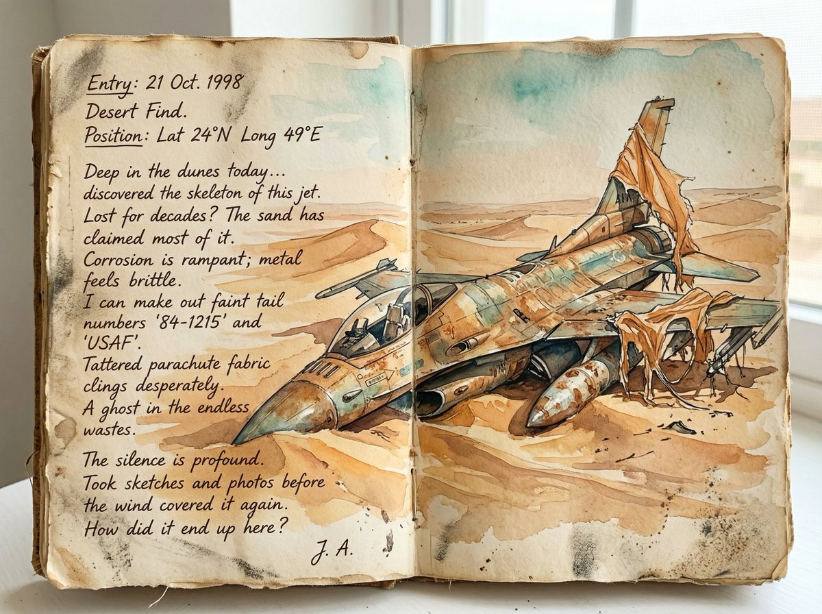 Loose Watercolor of a Half-Buried Fighter Jet in Desert Dunes example 4