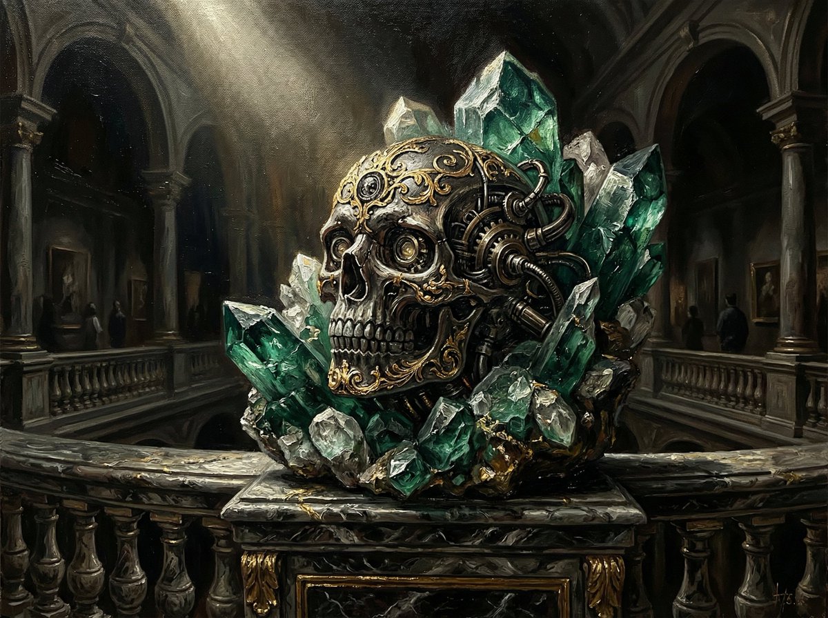 Dramatic Chiaroscuro Oil Painting of Biomechanical Skull AI image template preview