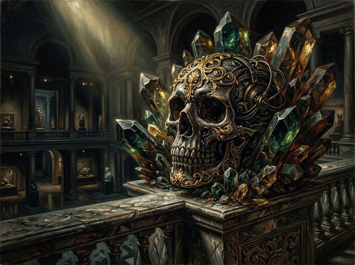 Dramatic Chiaroscuro Oil Painting of Biomechanical Skull example 4