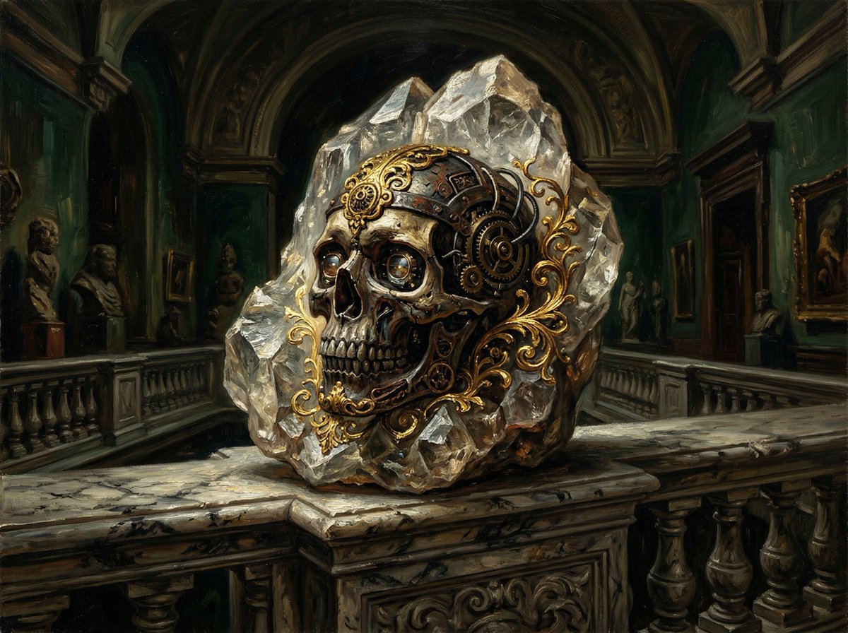 Dramatic Chiaroscuro Oil Painting of Biomechanical Skull example 2