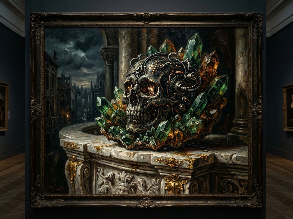 Dramatic Chiaroscuro Oil Painting of Biomechanical Skull example 3