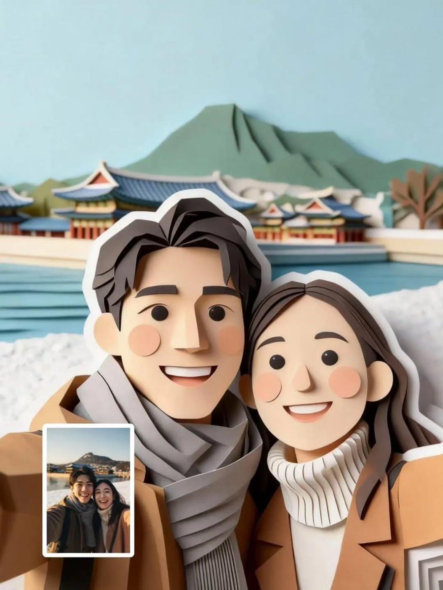 Cute Paper-Cut Style Couple Selfie Illustration AI image template preview