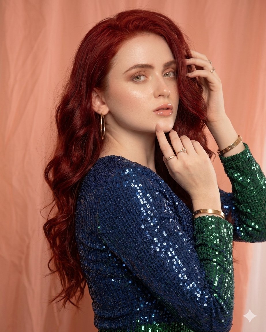 Glamorous High-Fashion Portrait with Gradient Sequin Dress AI image template preview