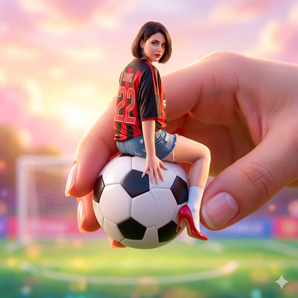 Miniature Fashionable Girl on Soccer Ball AI image template preview