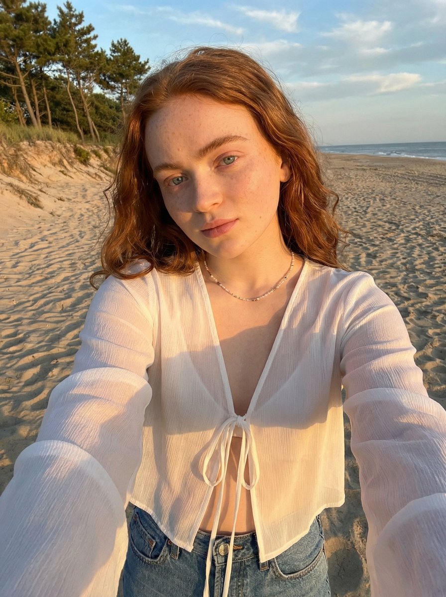Golden Hour Beach Selfie Prompt AI image template preview