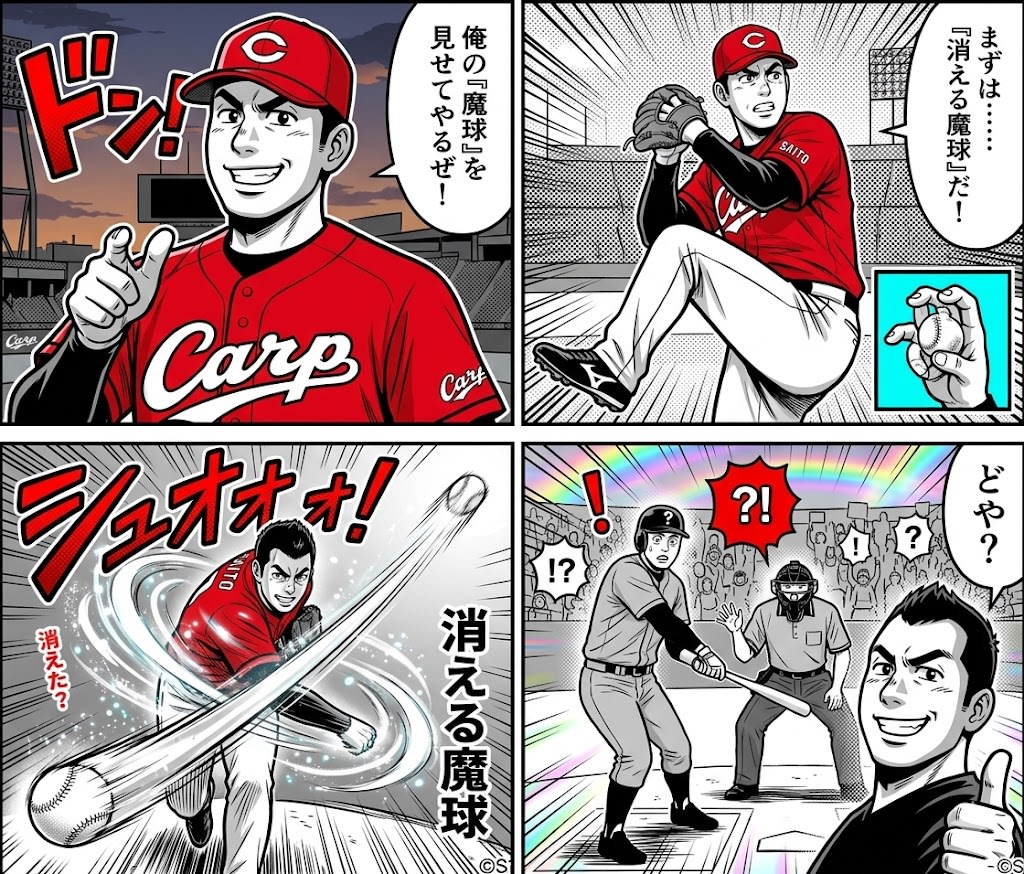 AI-generated 4-panel manga: The Vanishing Magic Ball AI image template preview