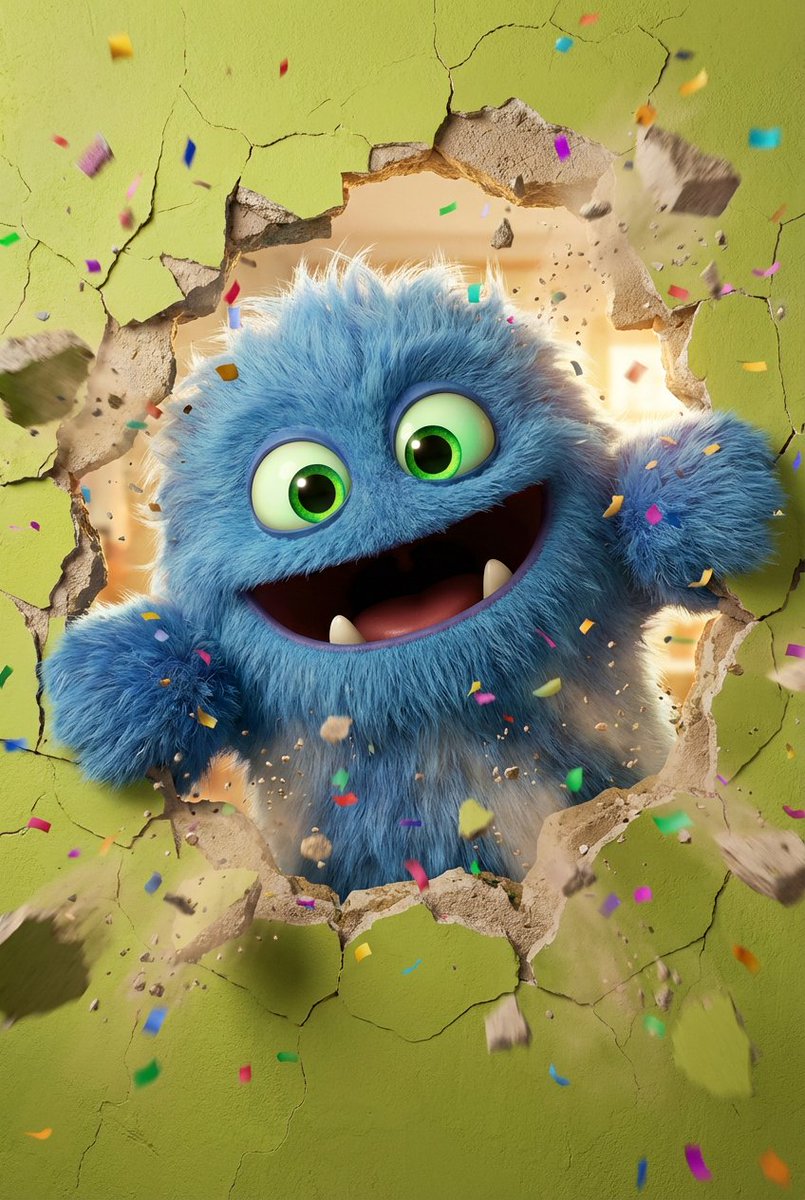 3D Fluffy Monster Bursting Through Wall AI image template preview