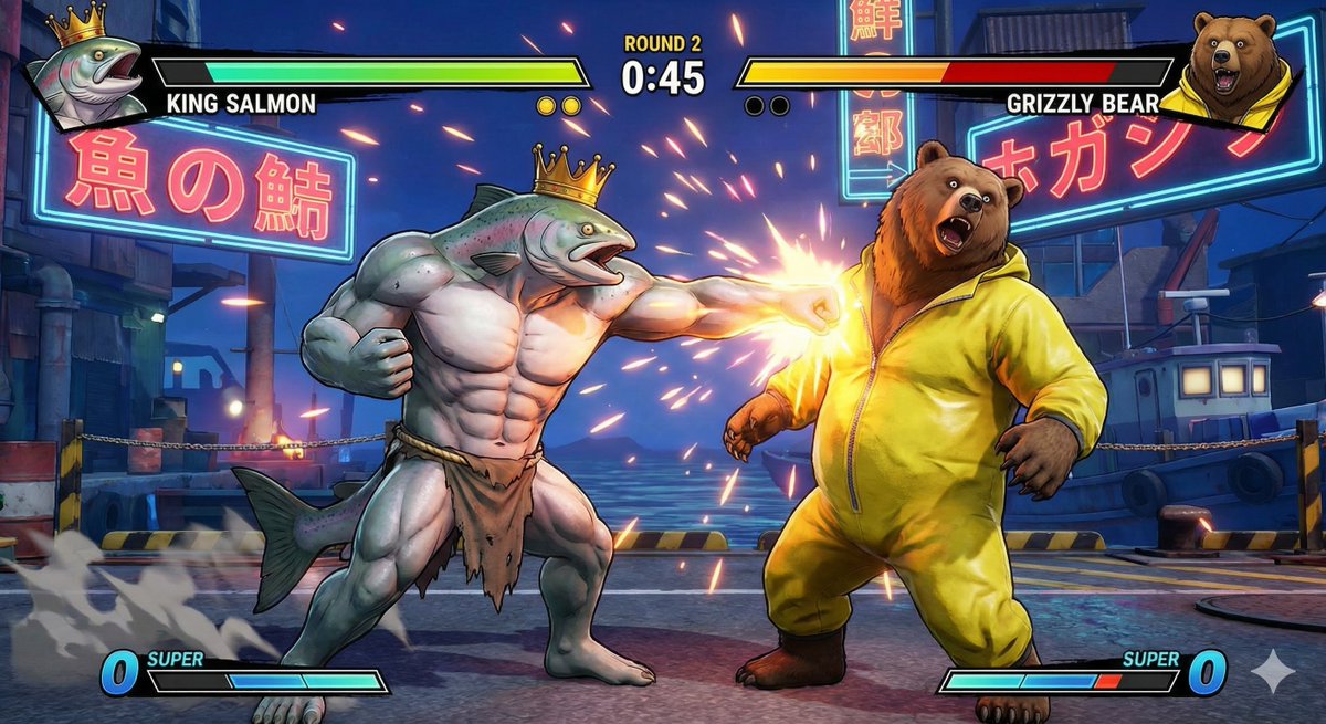 King Salmon vs Grizzly Bear Battle AI image template preview