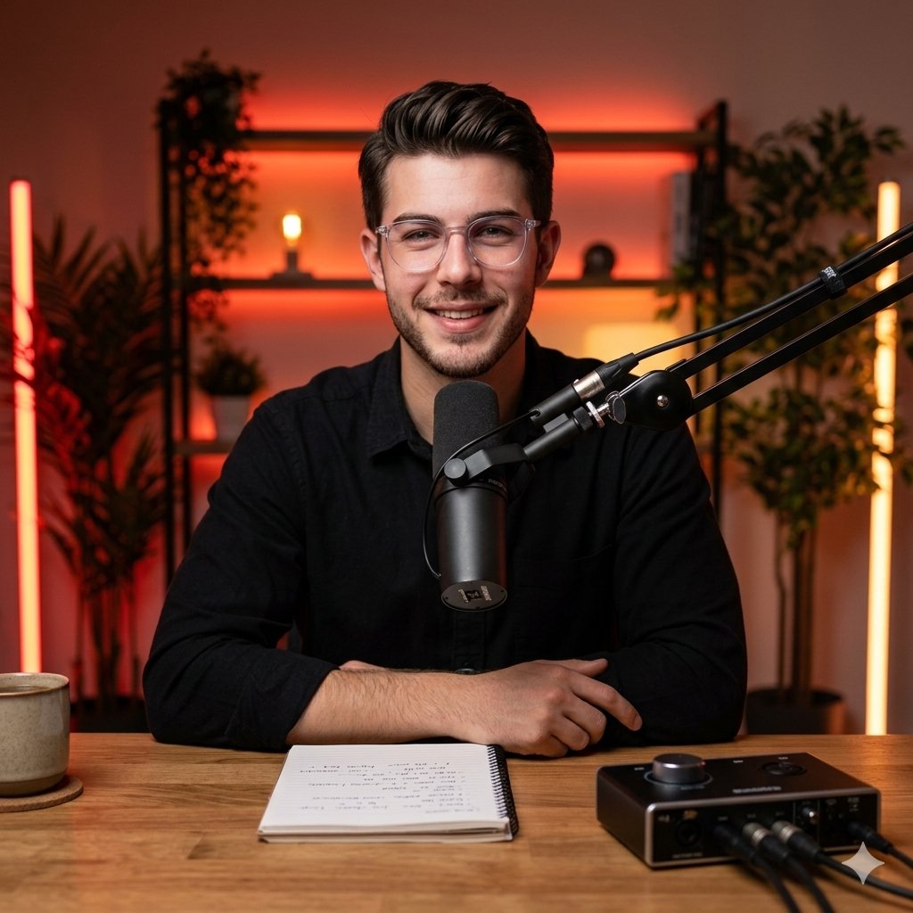 Cinematic Podcast Studio Portrait AI image template preview