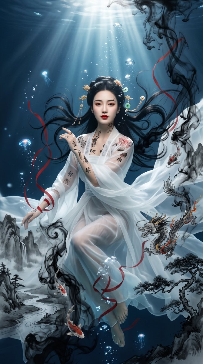 Underwater Chinese Ink Dreamscape Portrait AI image template preview