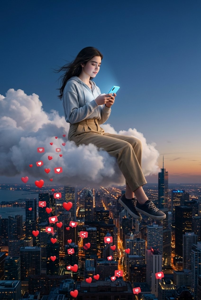 Floating Woman Above Cityscape with Notifications AI image template preview