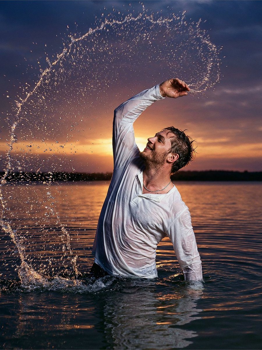 Cinematic Sunset Water Splash Portrait AI image template preview