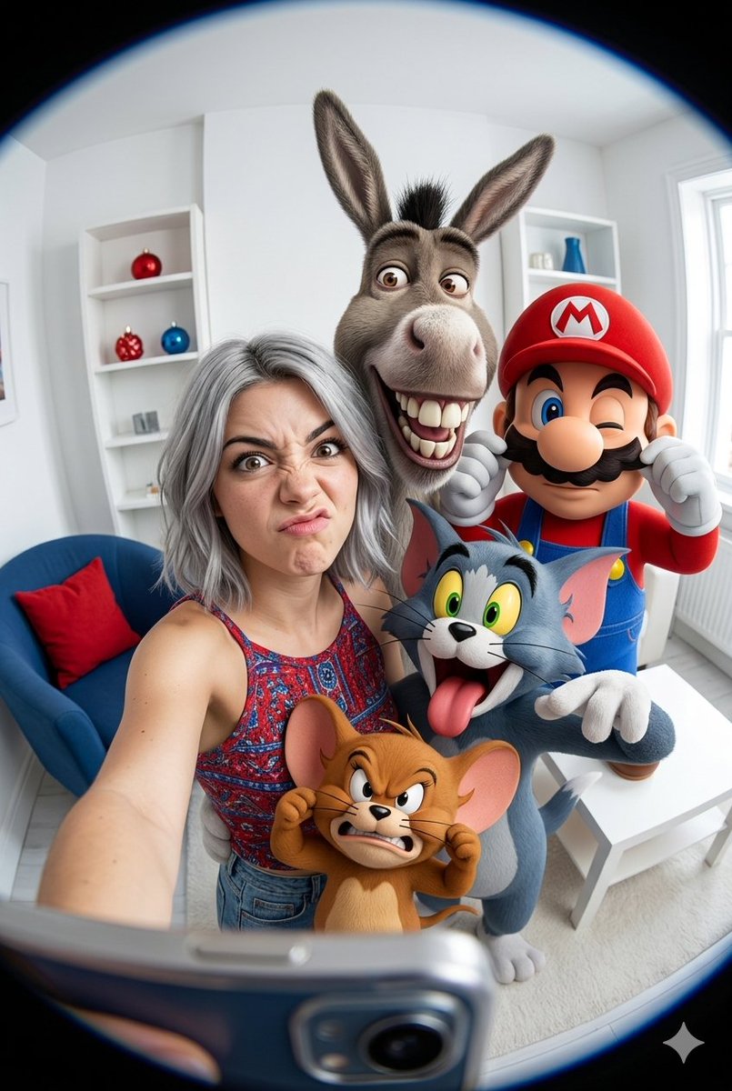 Fisheye Selfie with Animation Characters AI image template preview