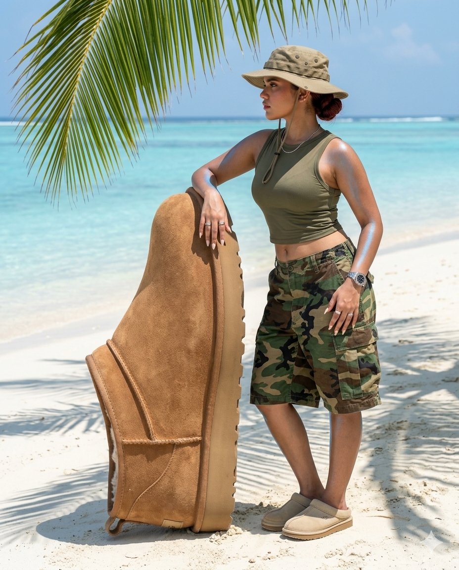 Surreal beach giant boot sculpture AI image template preview