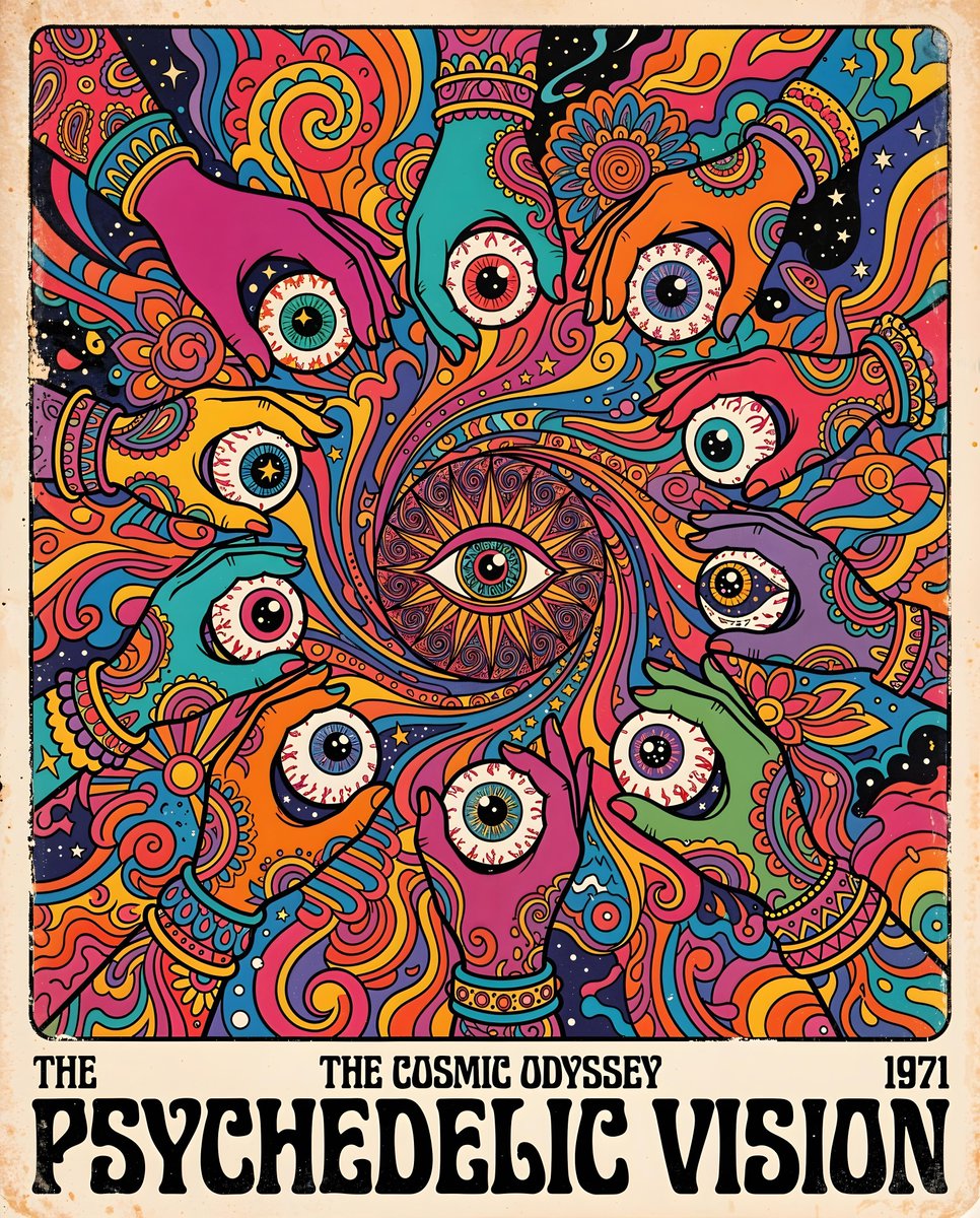 70s Psychedelic Hand Illustration AI image template preview