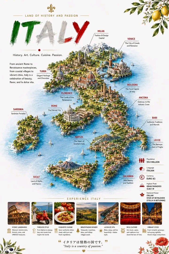 Detailed 3D Travel Infographic Map of Italy AI image template preview