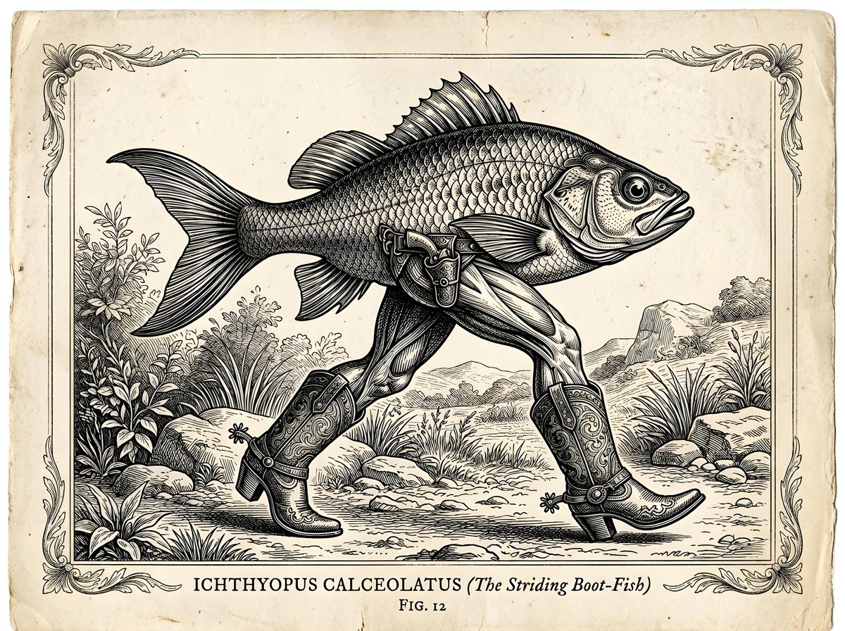 Vintage Intaglio Surreal Fish Illustration AI image template preview