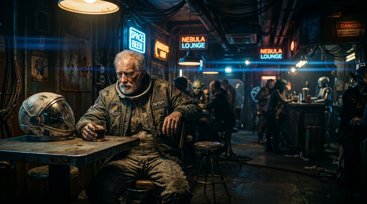 Old Astronaut in Futuristic Bar AI image template preview