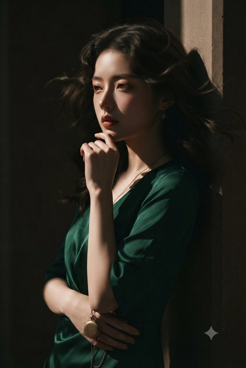 Emerald Silk Fashion Portrait AI image template preview