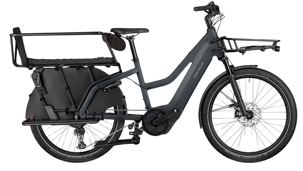 Dark grey cargo e-bike with a long rear rack and front basket.
