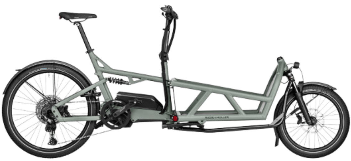 A grey electric cargo bike with a long frame and a battery pack.