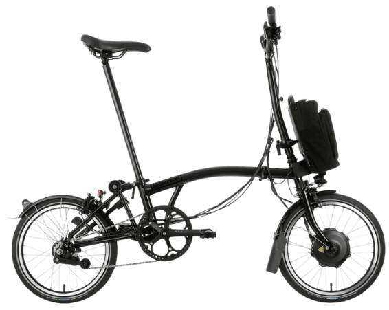 Black foldable bicycle with a small bag attached to the handlebars.