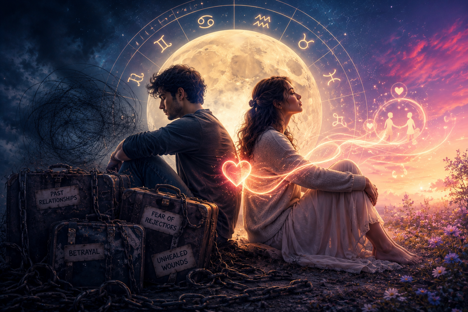 Couple facing full moon with glowing heart and zodiac wheel