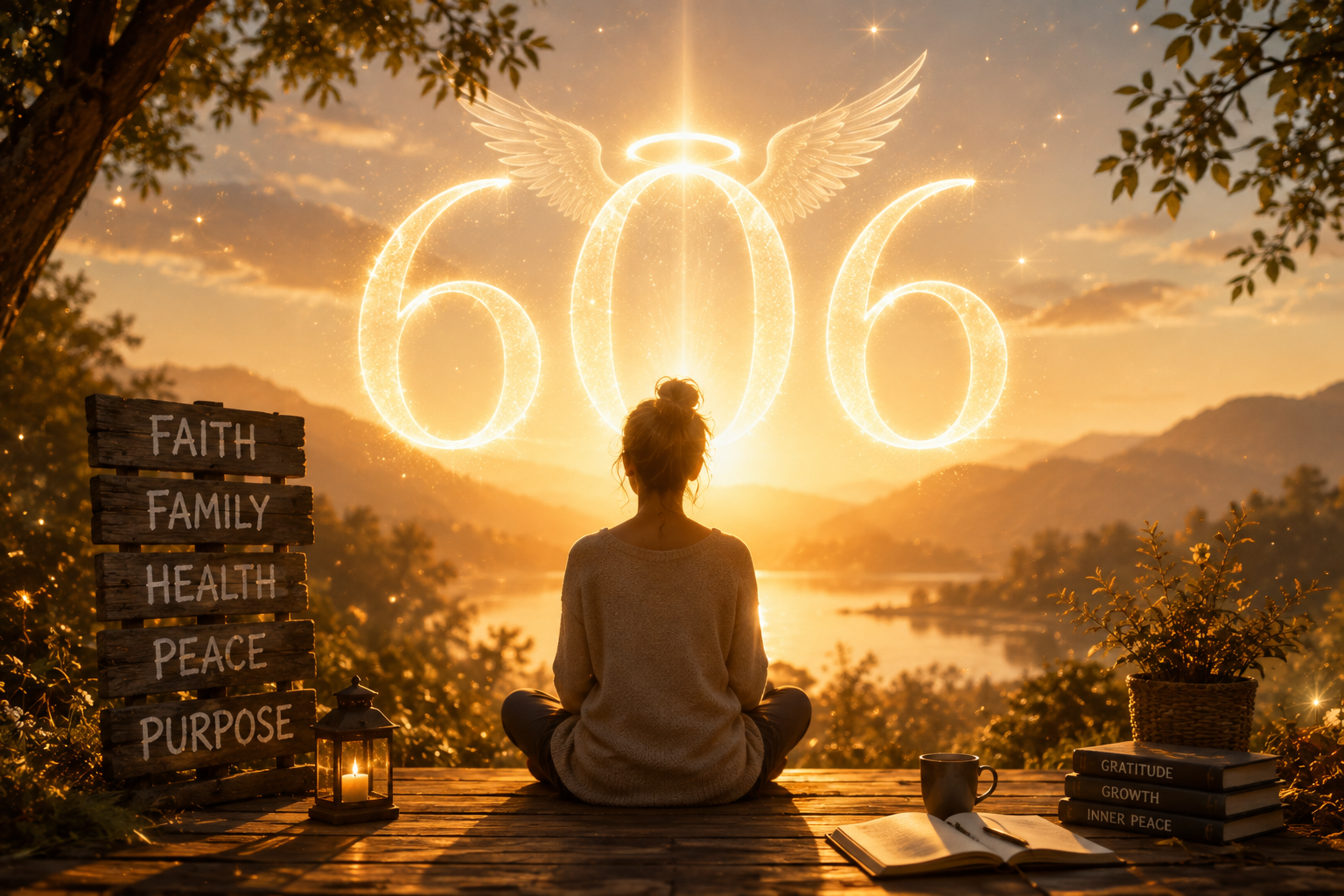 Woman meditating before luminous numerals with mountains and water behind