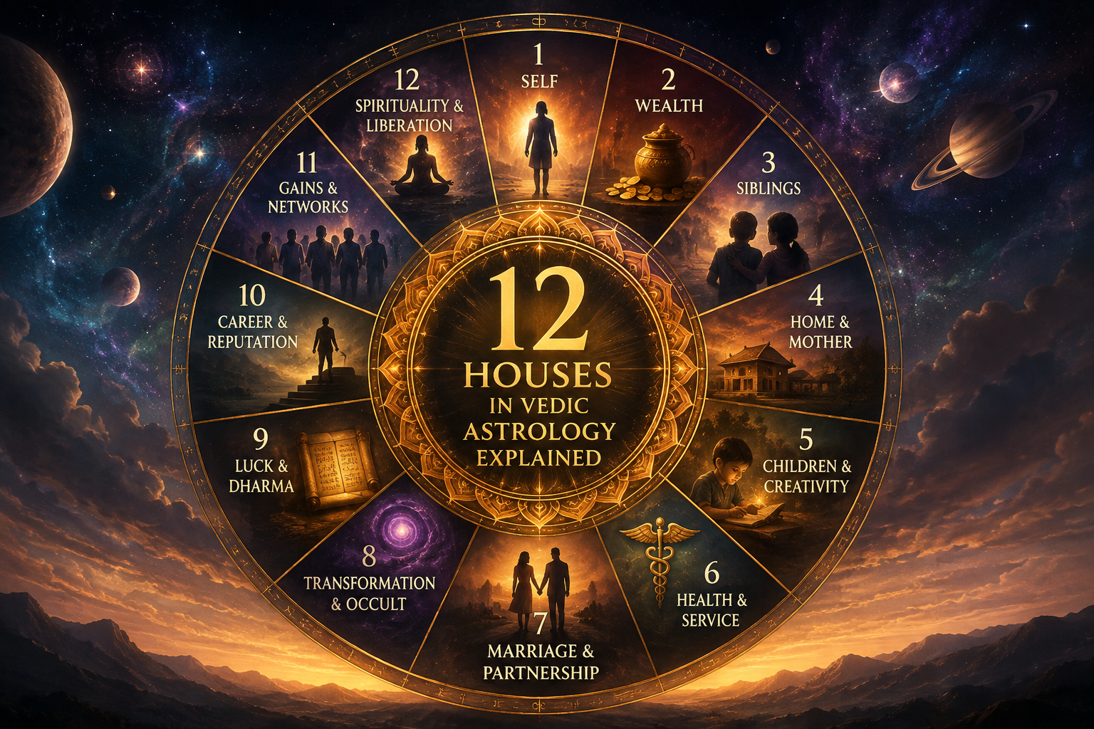 Silhouetted figures arranged in twelve-section wheel beneath stars and nebula clouds