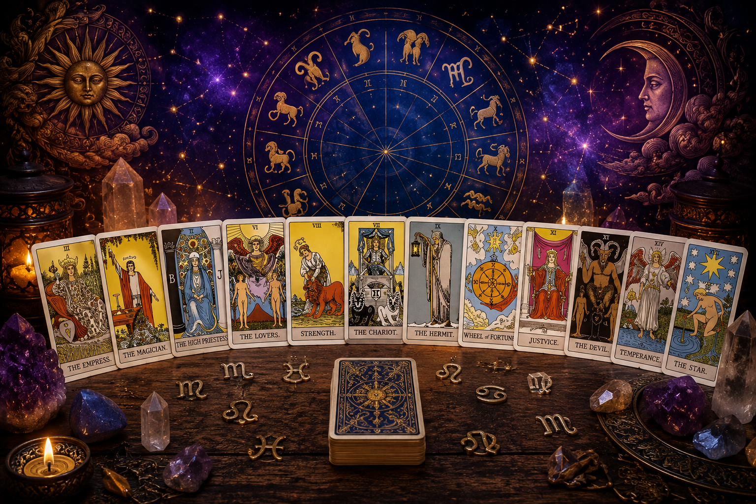 Tarot cards fanned across wooden table with crystals