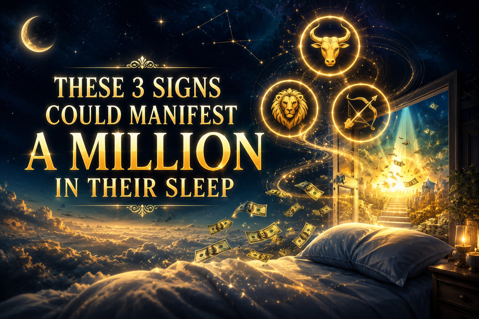 Bull, lion, and archer icons above bed with floating cash