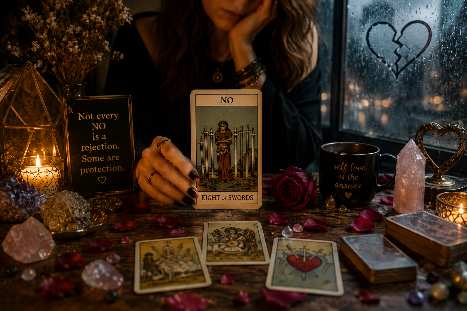 Hand touching tarot card among crystals, candles, and rose petals